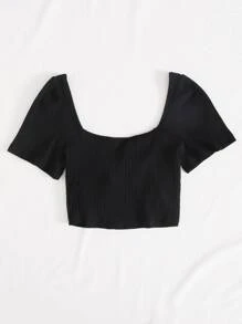 SHEIN Qutie Tie Front Rib-knit Crop Top - Black - View 2