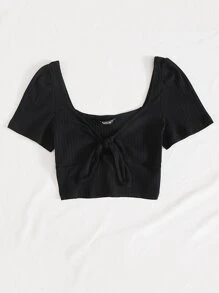 SHEIN Qutie Tie Front Rib-knit Crop Top - Black - View 3