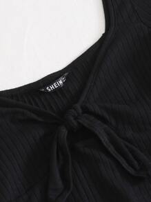 SHEIN Qutie Tie Front Rib-knit Crop Top - Black - View 4