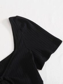 SHEIN Qutie Tie Front Rib-knit Crop Top - Black - View 5