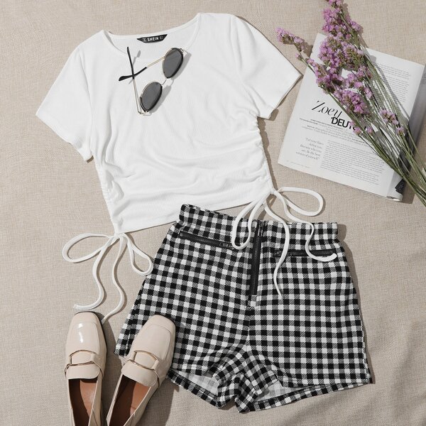 

Drawstring Side Rib-knit Tee and Zip Front Houndstooth Shorts Set, Black and white