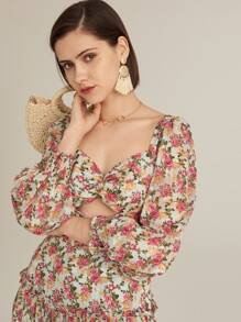 SHEIN Robe fleurie à manches bouffantes