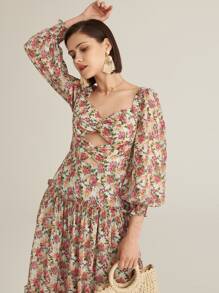 SHEIN Robe fleurie à manches bouffantes