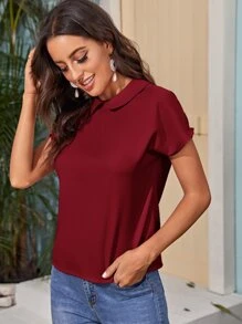 SHEIN Clasi Áo sơ mi Nút màu trơn Màu Đỏ Sâu Thanh lịch - Màu Đỏ Sâu - Xem 3