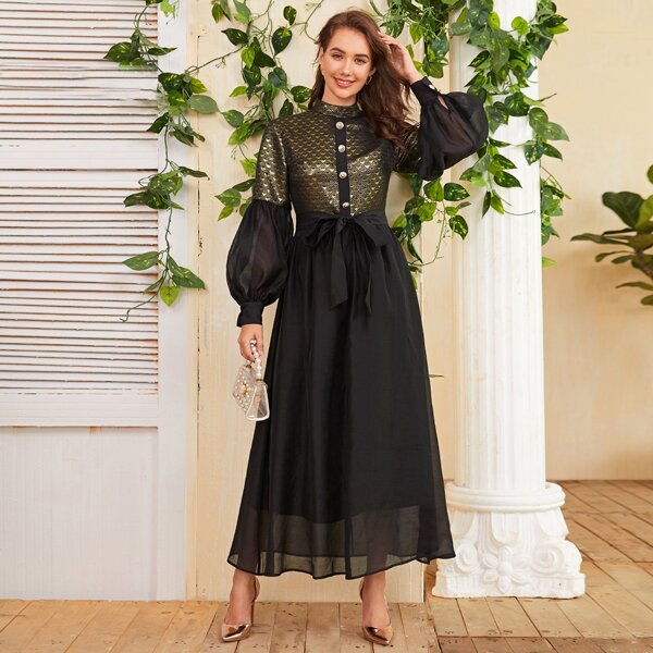 

Lantern Sleeve Gold Jacquard Bodice Belted Organza Overlay Dress, Black