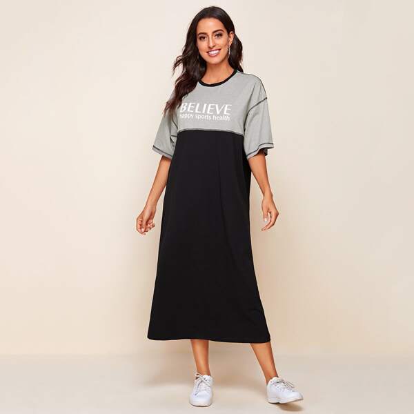 

Two Tone Letter Graphic Contrast Stitch Dress, Multicolor
