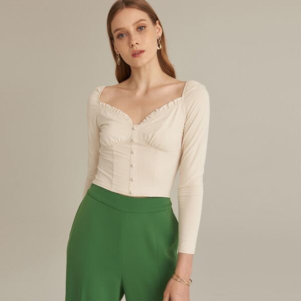 

RAYON SWEETHEART NECK FRILL TOP, Beige