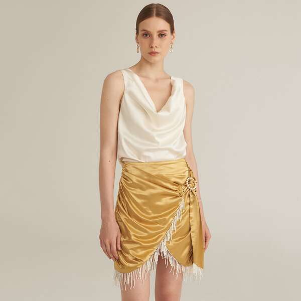 

PREMIUM Draped Neck Crisscross Tie Back Satin Top, Beige