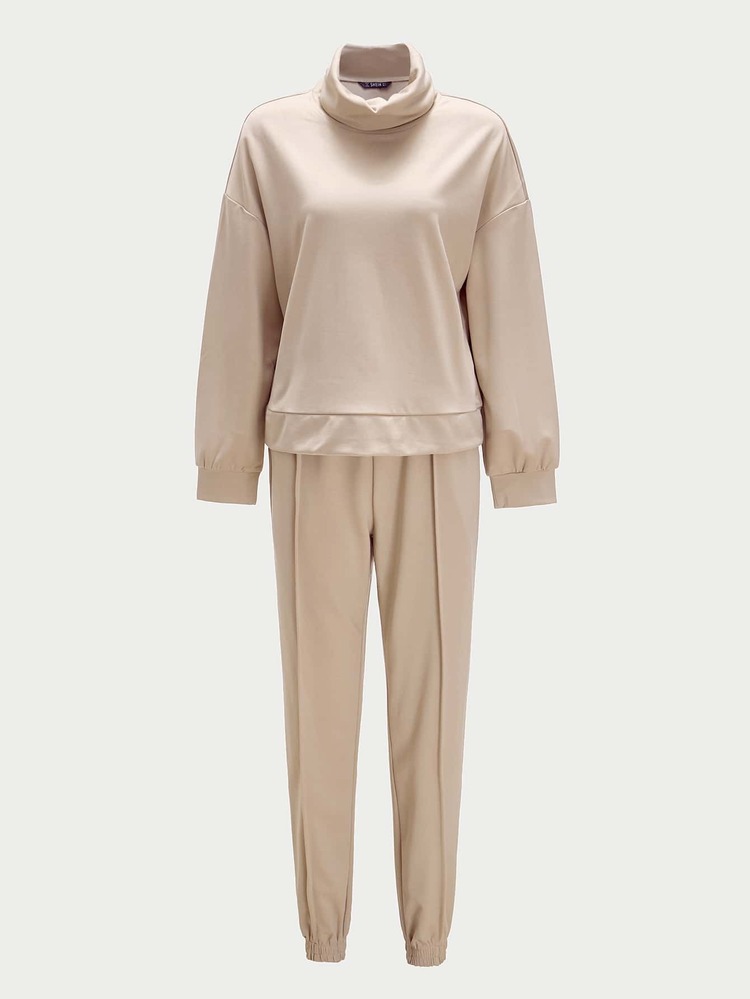 SHEIN Conjunto pullover unicolor de hombros caídos con pantalones de cintura con cordón - Beis - Añade 4