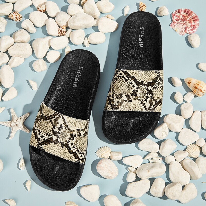 

Open Toe Snakeskin Slides, Black