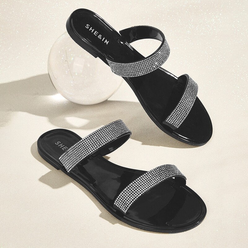 

Rhinestone Decor Double Band Slide Sandals, Black