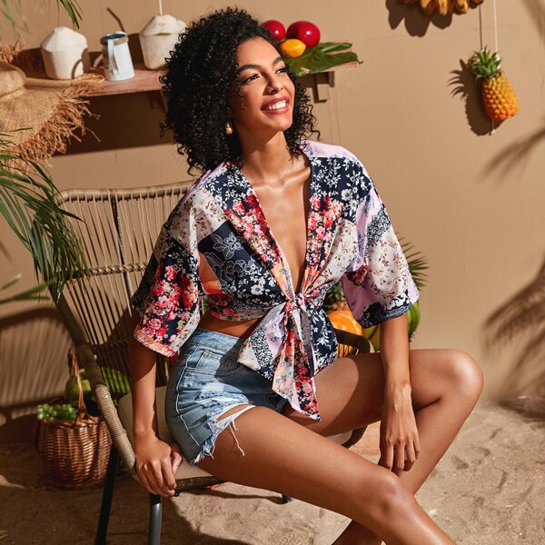 

Drop Shoulder Tie Front Patchwork Kimono, Multicolor