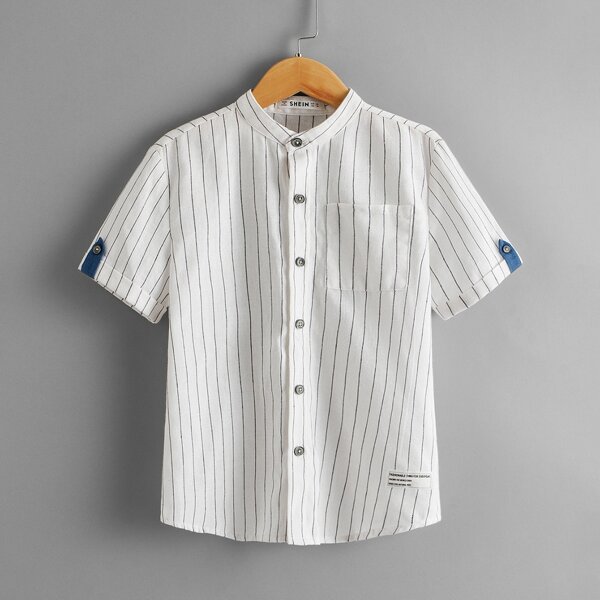 

Boys Roll Up Sleeve Patched Detail Striped Shirt, White