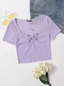 SHEIN Qutie Ruched Knot Front Lettuce Trim Rib-knit Top - Lilac Purple - View 1