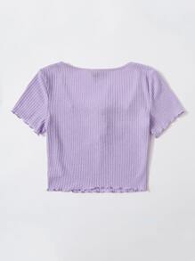 SHEIN Qutie Ruched Knot Front Lettuce Trim Rib-knit Top - Lilac Purple - View 2