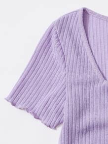 SHEIN Qutie Ruched Knot Front Lettuce Trim Rib-knit Top - Lilac Purple - View 4