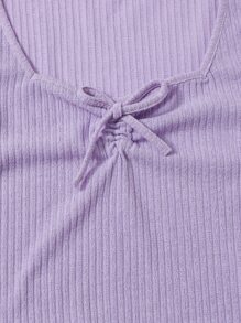 SHEIN Qutie Ruched Knot Front Lettuce Trim Rib-knit Top - Lilac Purple - View 5