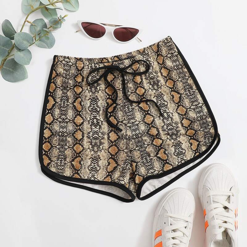 

Knot Waist Contrast Binding Snakeskin Pattern Dolphin Shorts, Multicolor