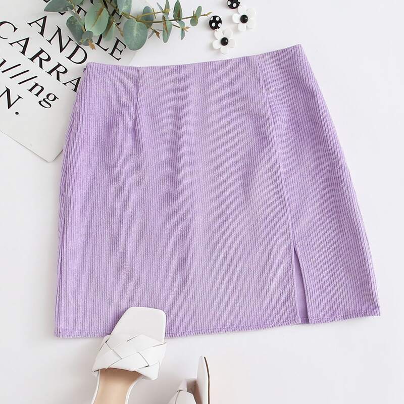

Rib-knit Split Hem Skirt, Lilac purple