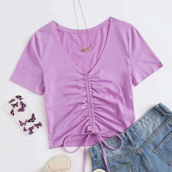 

Drawstring Front Crop Top, Bright lilac purple