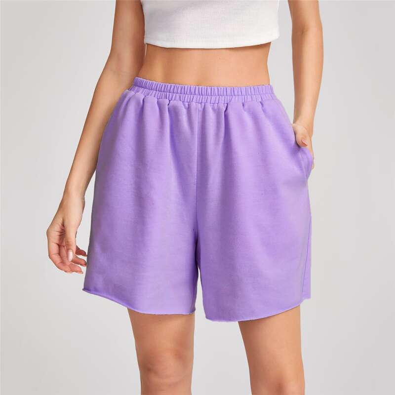 

Elastic Waist Slant Pocket Solid Shorts, Violet purple