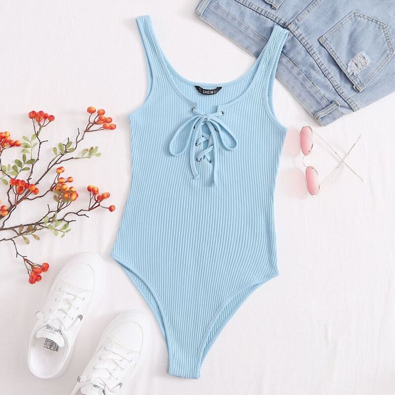

Grommet Eyelet Lace Up Front Rib-knit Tank Bodysuit, Baby blue