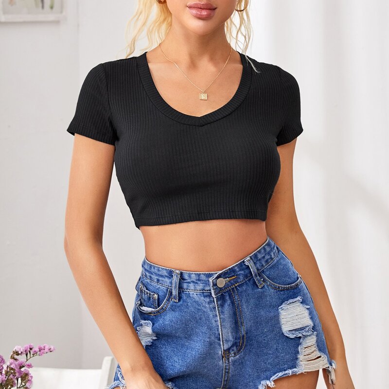 

Solid Rib-knit Crop Tee, Black