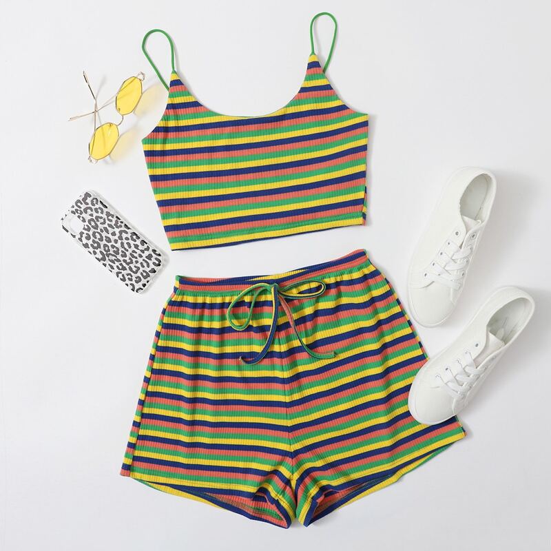 

Rainbow Striped Cami Top & Tie Waist Shorts Set, Multicolor