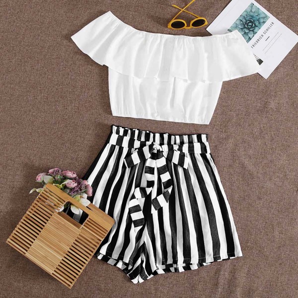 

Plus Off Shoulder Ruffle Trim Top & Paperbag Waist Striped Shorts Set, Black and white