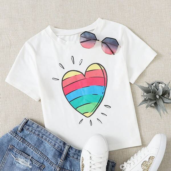 

Heart Print Crew Neck Tee, White