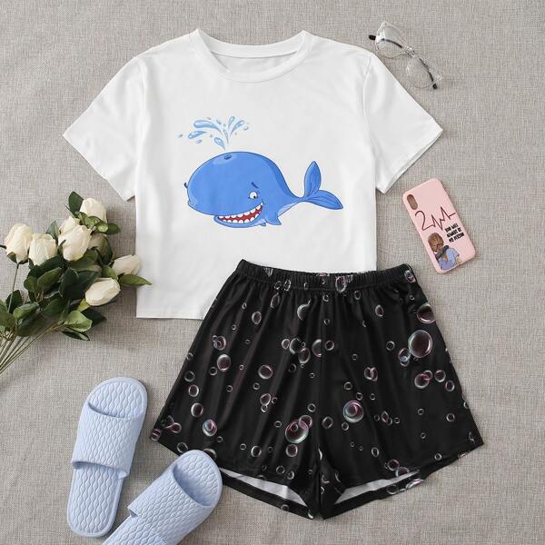 

Cartoon Whale Tee With Bubble Print Shorts Pajama Set, Multicolor