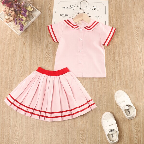 

Toddler Girls Striped Blouse With Pleated Skirt, Baby pink
