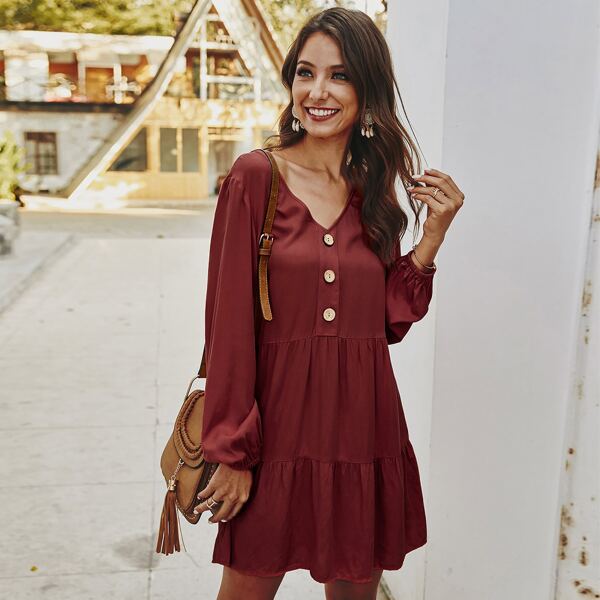 

V-neck Button Smock Dress, Burgundy