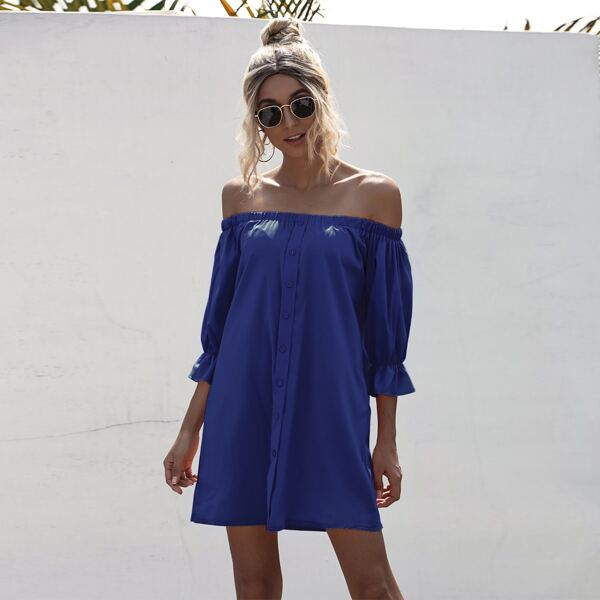 

Off The Shoulder Button Front Solid Dress, Royal blue
