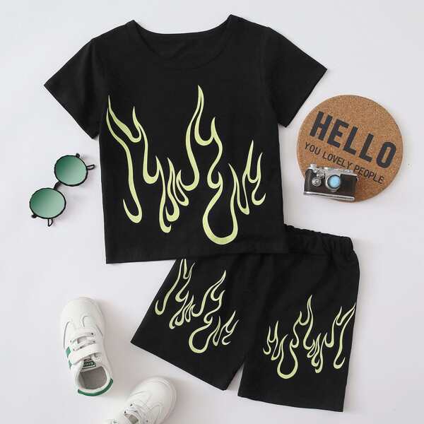 

Toddler Boys Fire Print Tee & Track Shorts, Black