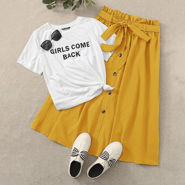 

Slogan Graphic Top & Paperbag Waist Belted Skirt Set, Multicolor