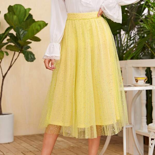 

Glitter Mesh Overlay Skirt, Yellow