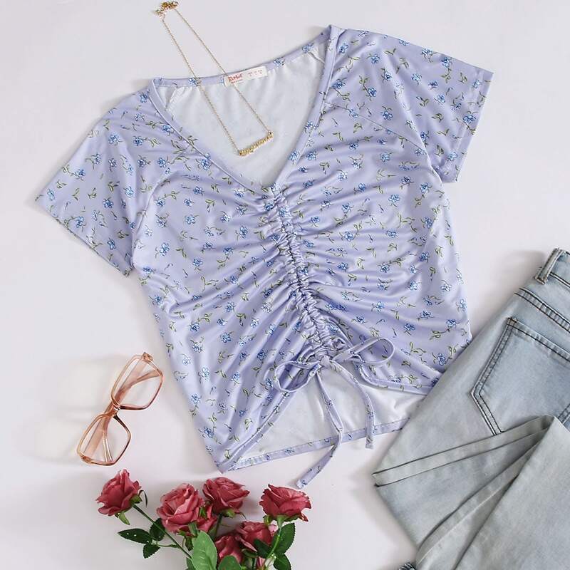 

Ditsy Floral Drawstring Tee, Lilac purple