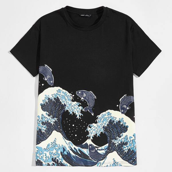 

Men Wave and Fish Print Top, Black