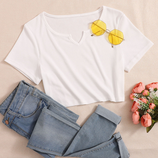 

Plus Solid Ribbed Notched Neck Tee, White
