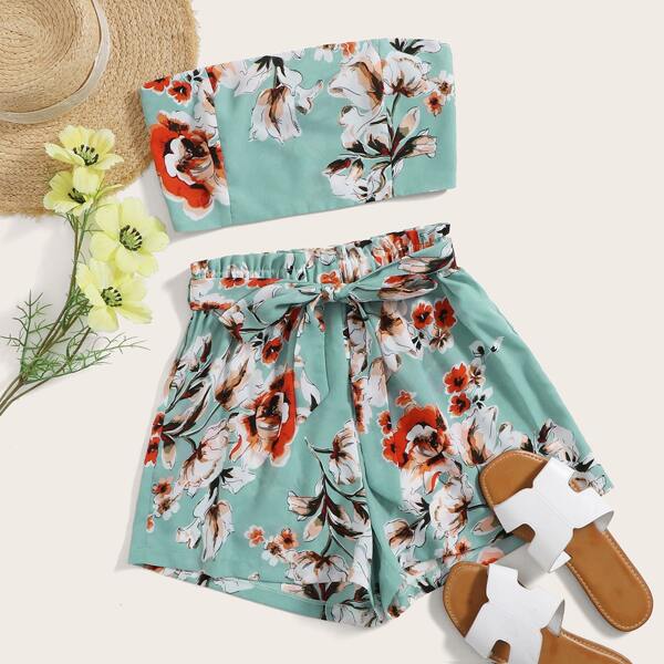 

Plus Floral Print Shirred Back Tube Top & Belted Paperbag Shorts, Mint green