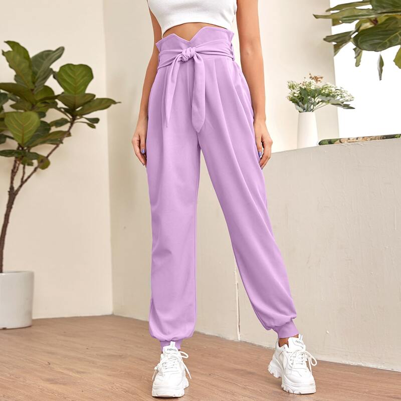 

Notched Waistband Self Belt Pants, Lilac purple
