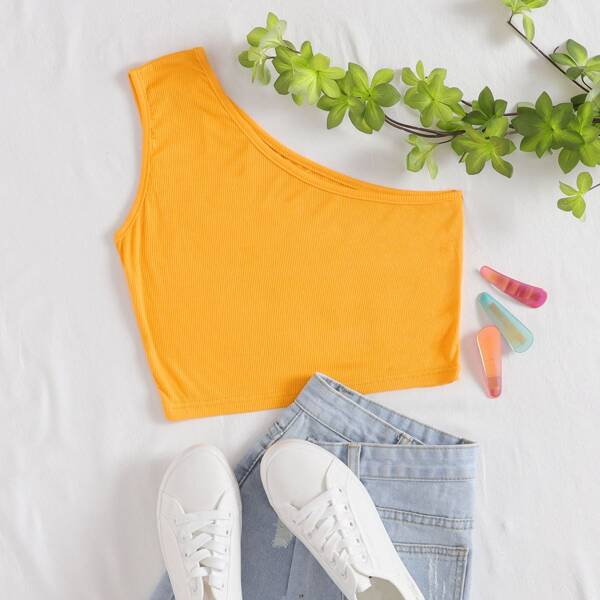 

One Shoulder Solid Crop Top, Yellow bright