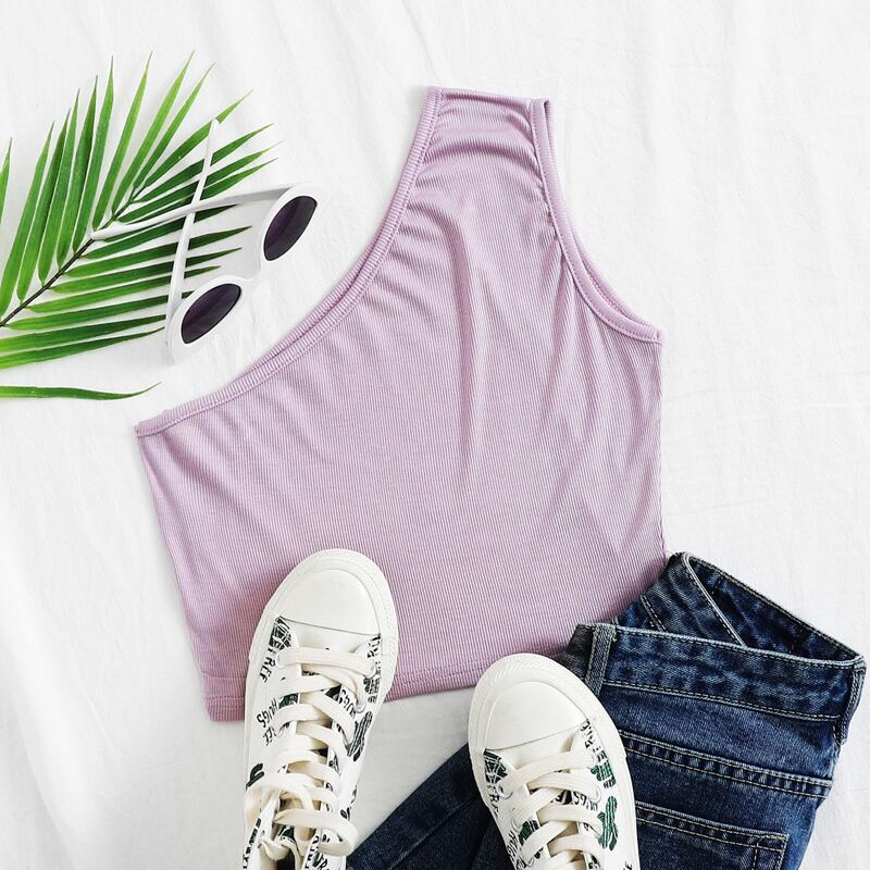 

One Shoulder Ribbed Crop Top, Lilac purple