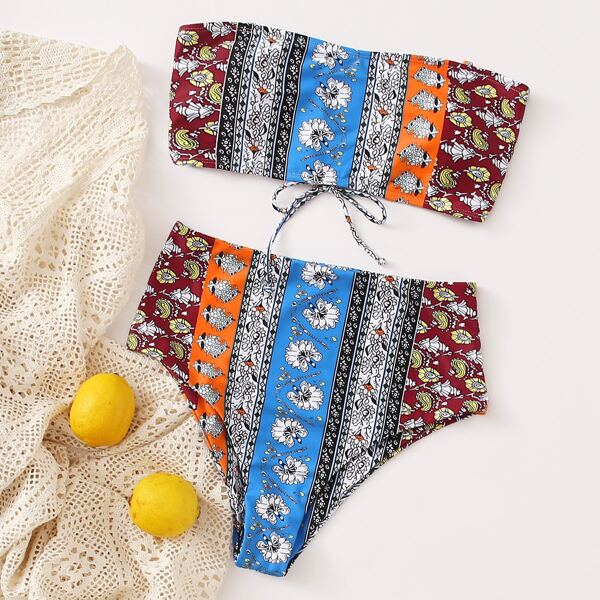 

Plus Tribal High Waisted Bikini Swimsuit, Multicolor