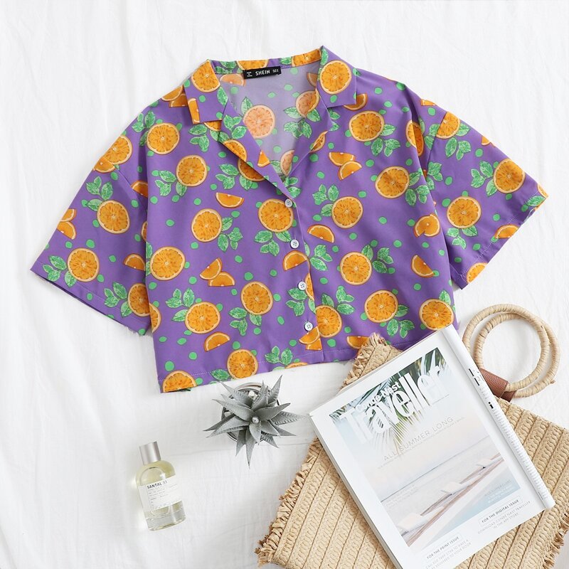 

Button Front Orange Print Top, Violet purple