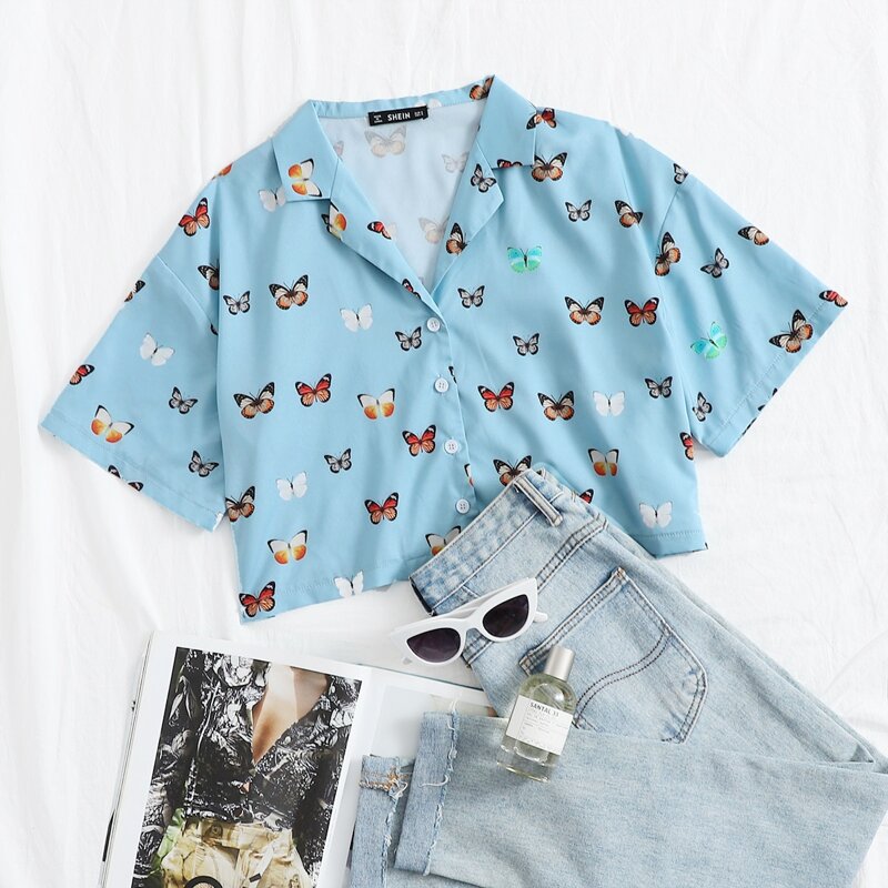

Button Front Butterfly Print Top, Blue