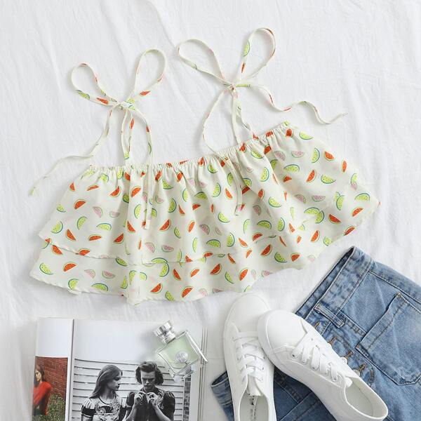 

Layered Hem Watermelon Print Cami Top, Beige