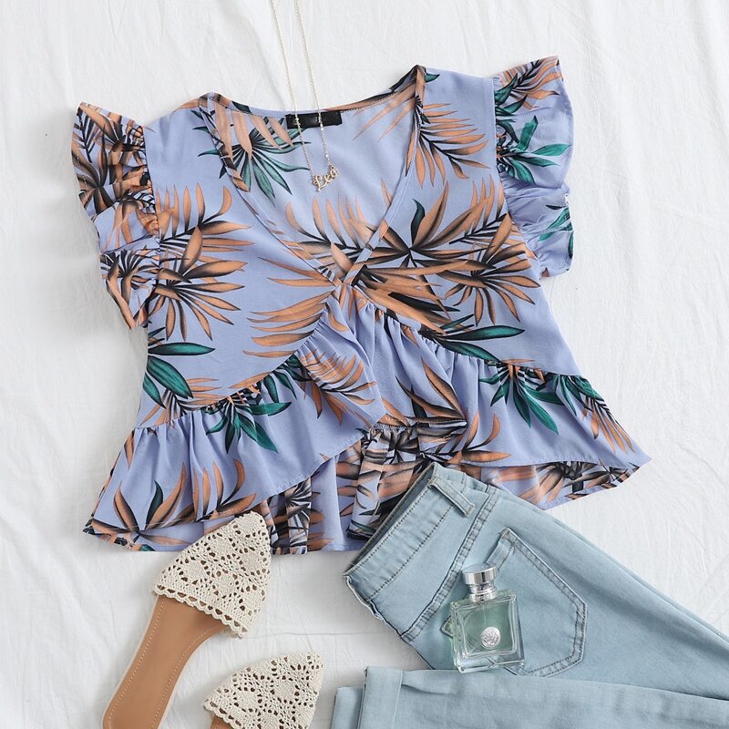 

Ruffle Trim Tropical Print Peplum Top, Blue