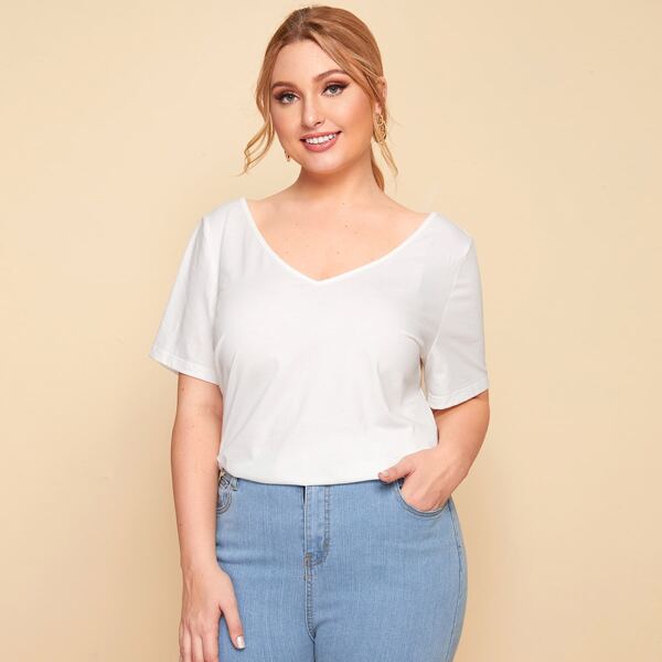 

Plus V Neck Embroidered Mesh Trim Solid Top, White
